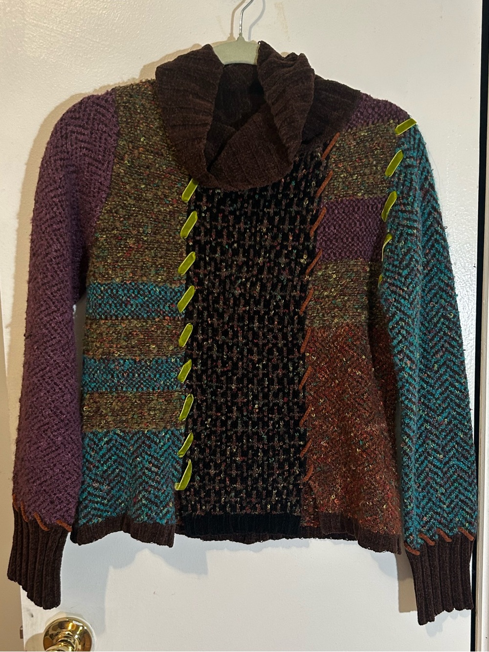 Multicolor Patchwork Cowl-Neck Sweater - Mixed Knit